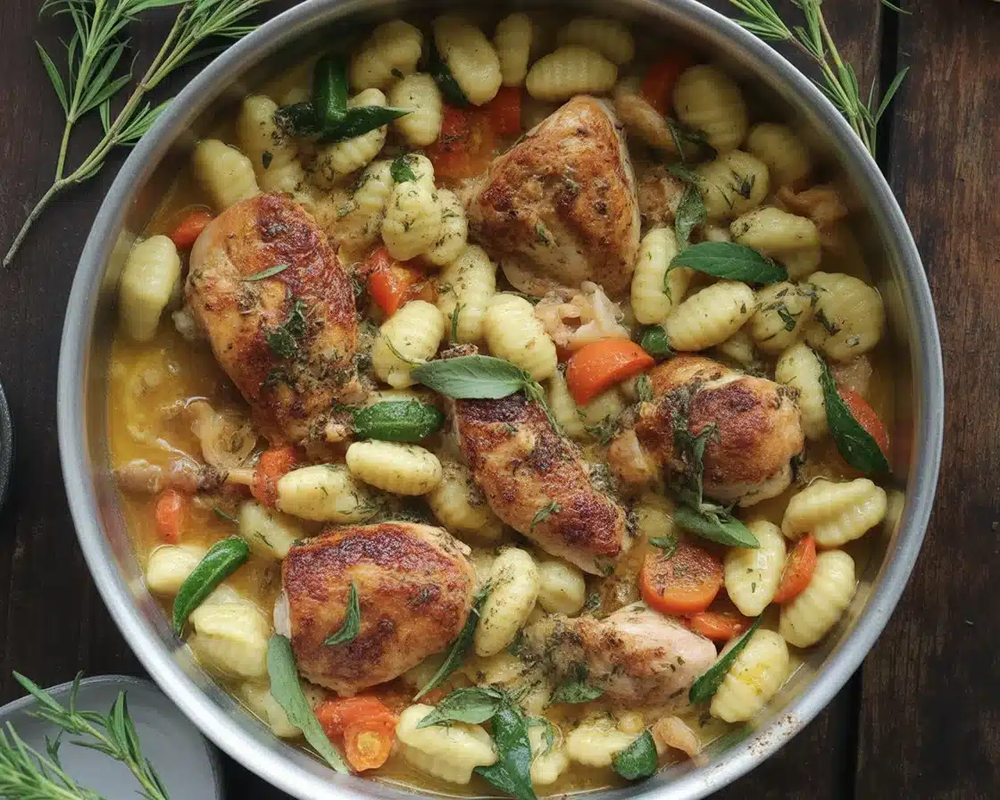 Creamy Tuscan Chicken & Gnocchi with spinach and sun-dried tomatoes in a bowl.