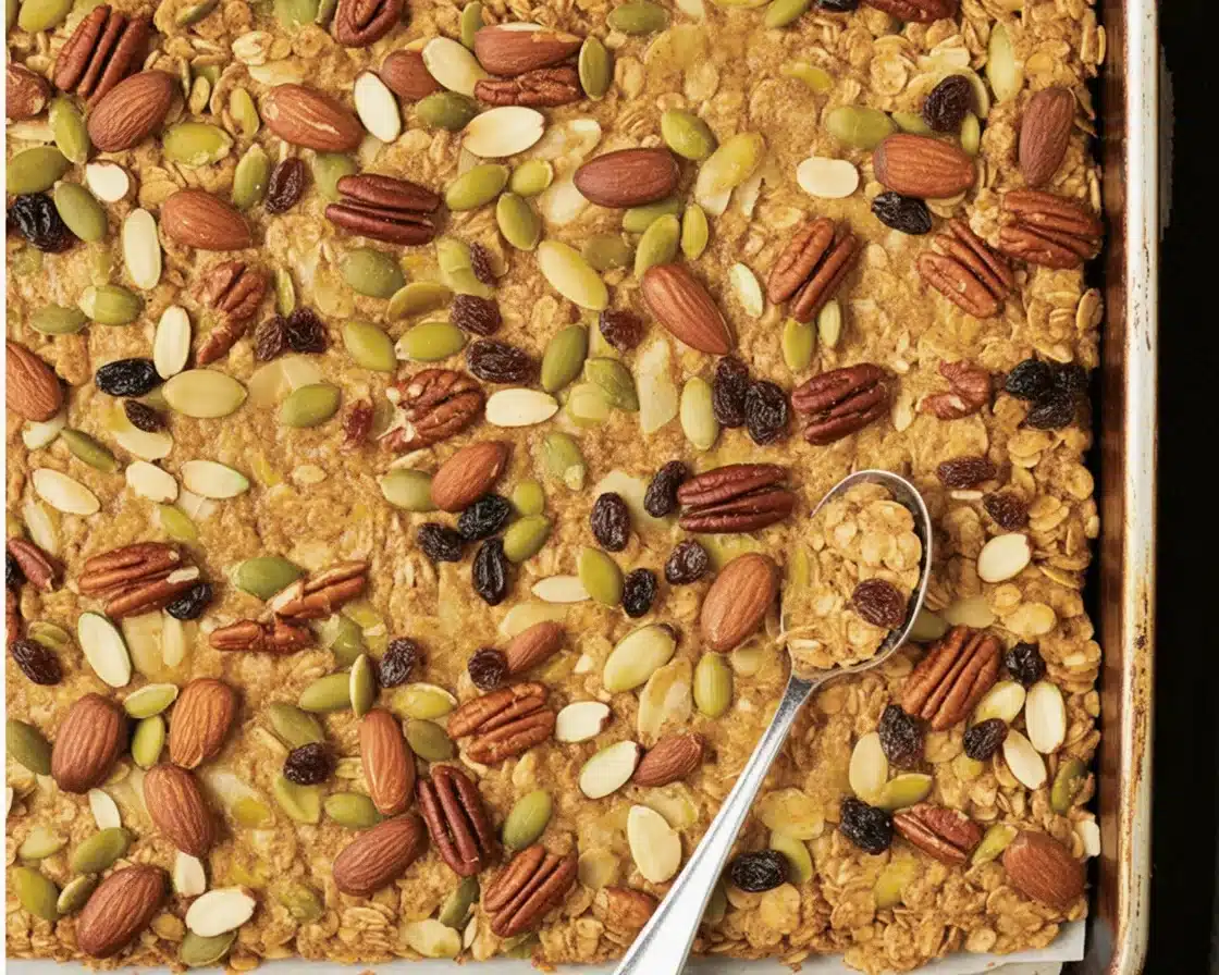 Bowl of crunchy keto granola made with nuts and seeds, low carb and healthy.