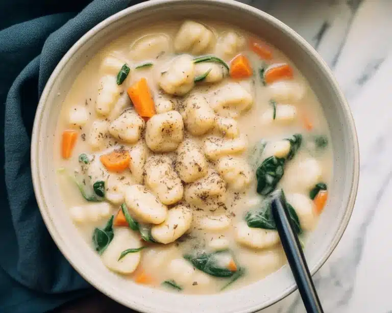 Bowl of creamy Crockpot Chicken Gnocchi Soup topped with herbs and crusty bread.