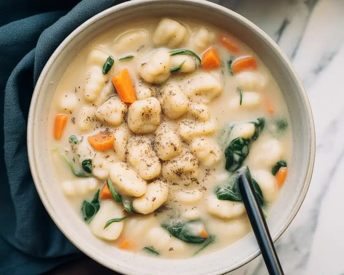 Bowl of creamy Crockpot Chicken Gnocchi Soup topped with herbs and crusty bread.