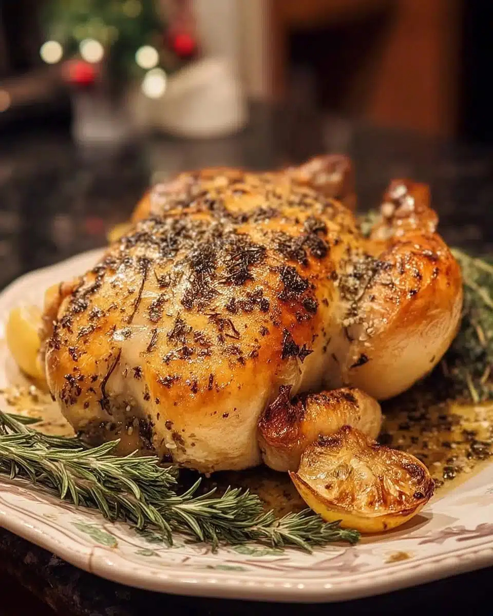 Delicious holiday herb roasted chicken garnished with fresh herbs and spices.