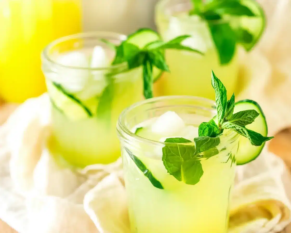 Refreshing Cucumber Mint Lemonade served with ice and mint leaves.