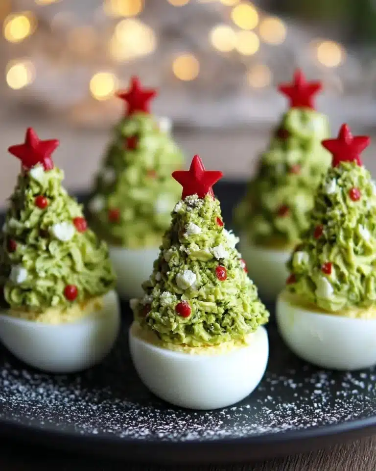 Festive Deviled Egg Christmas Trees on a serving platter