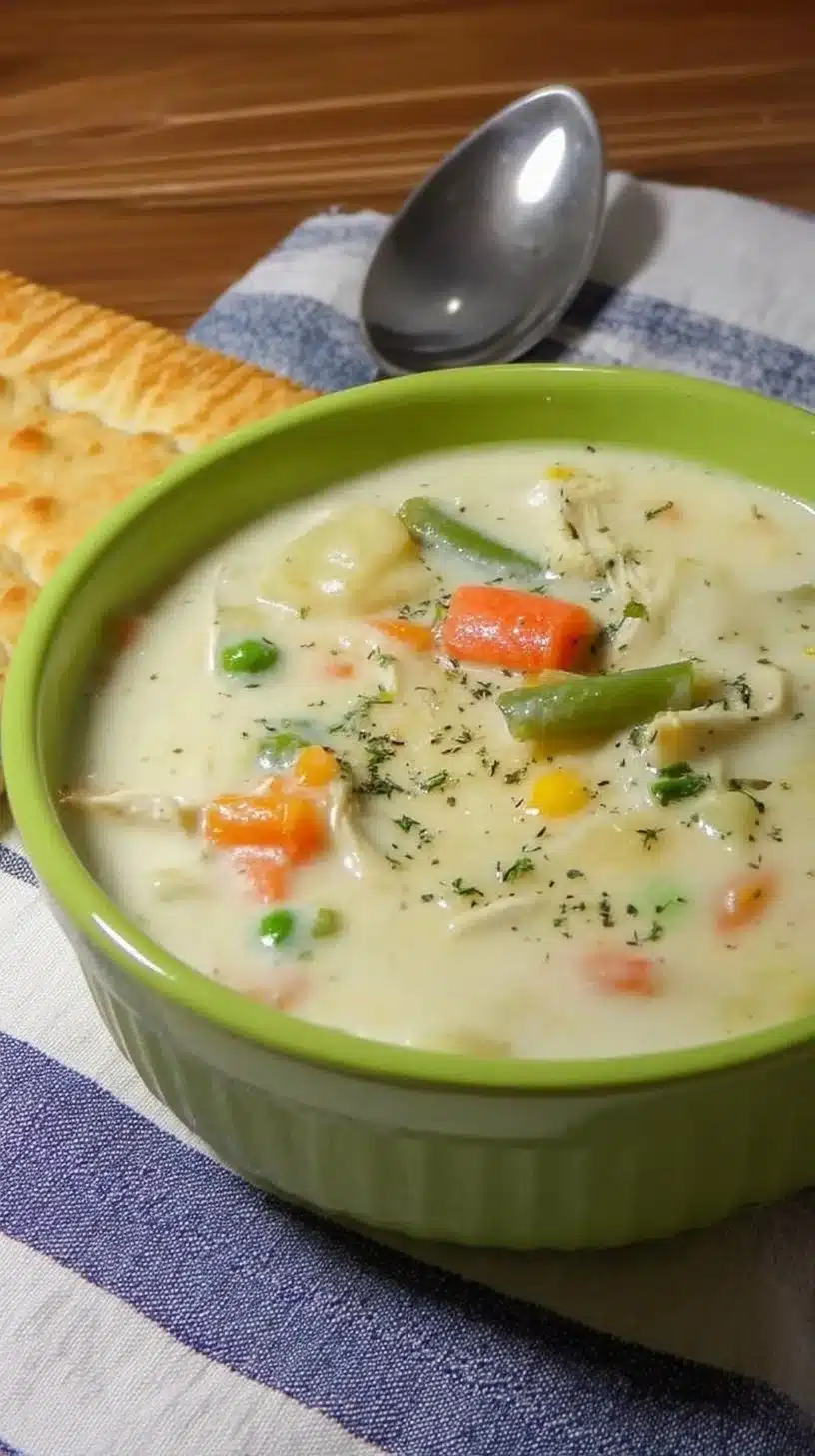 Easy Chicken Pot Pie Soup 1 Bowl of Easy Chicken Pot Pie Soup with vegetables and herbs