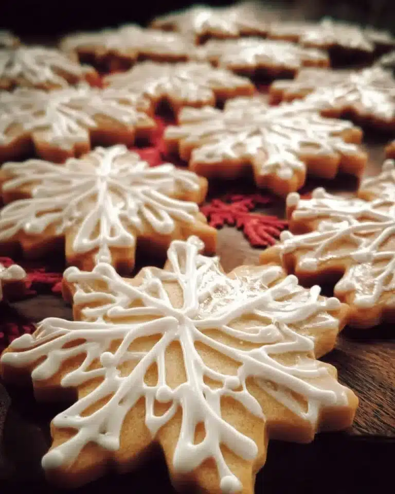 Decorated Christmas snowflake sugar cookies on a festive table