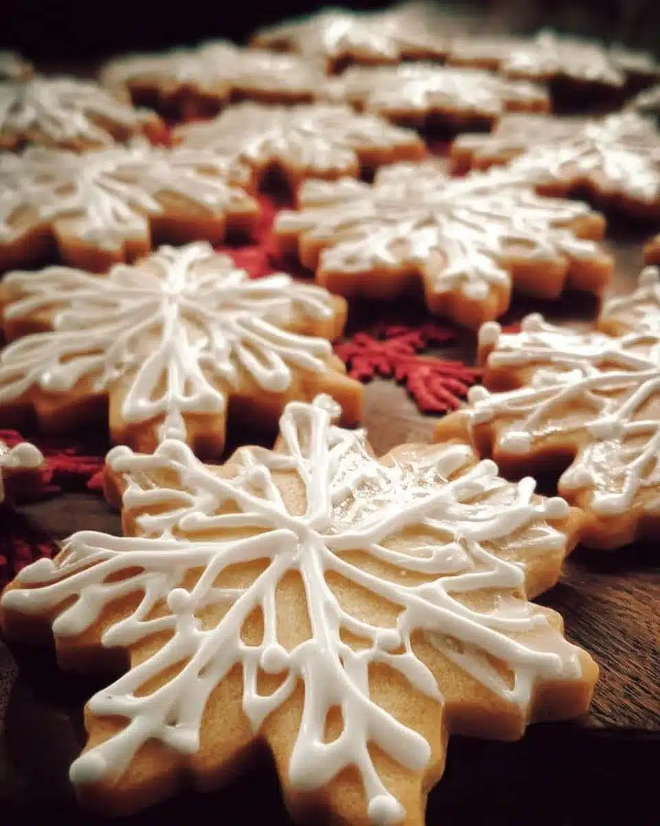Decorated Christmas snowflake sugar cookies on a festive table