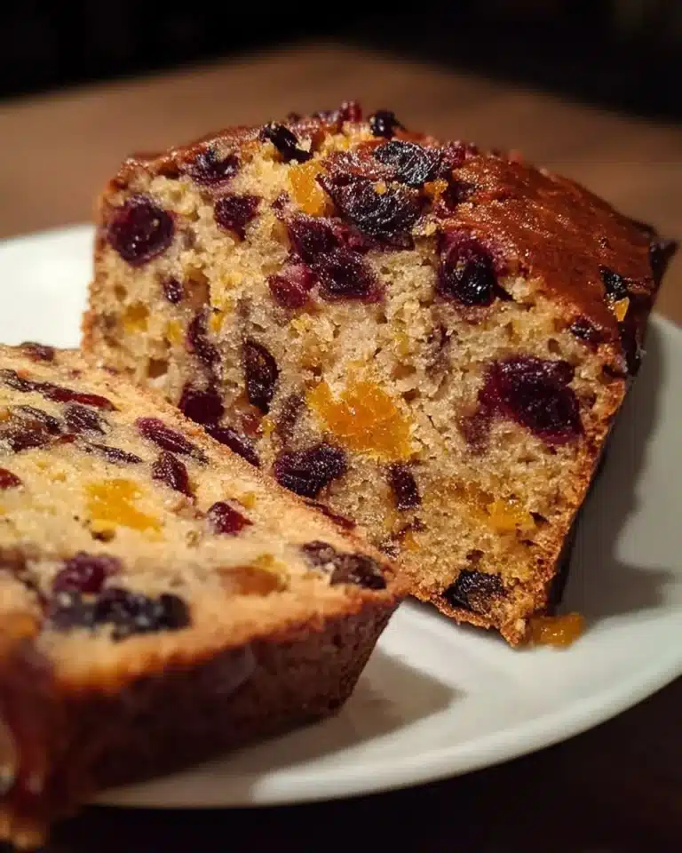 Easy Cranberry Orange Tea Loaf baked and sliced on a wooden board