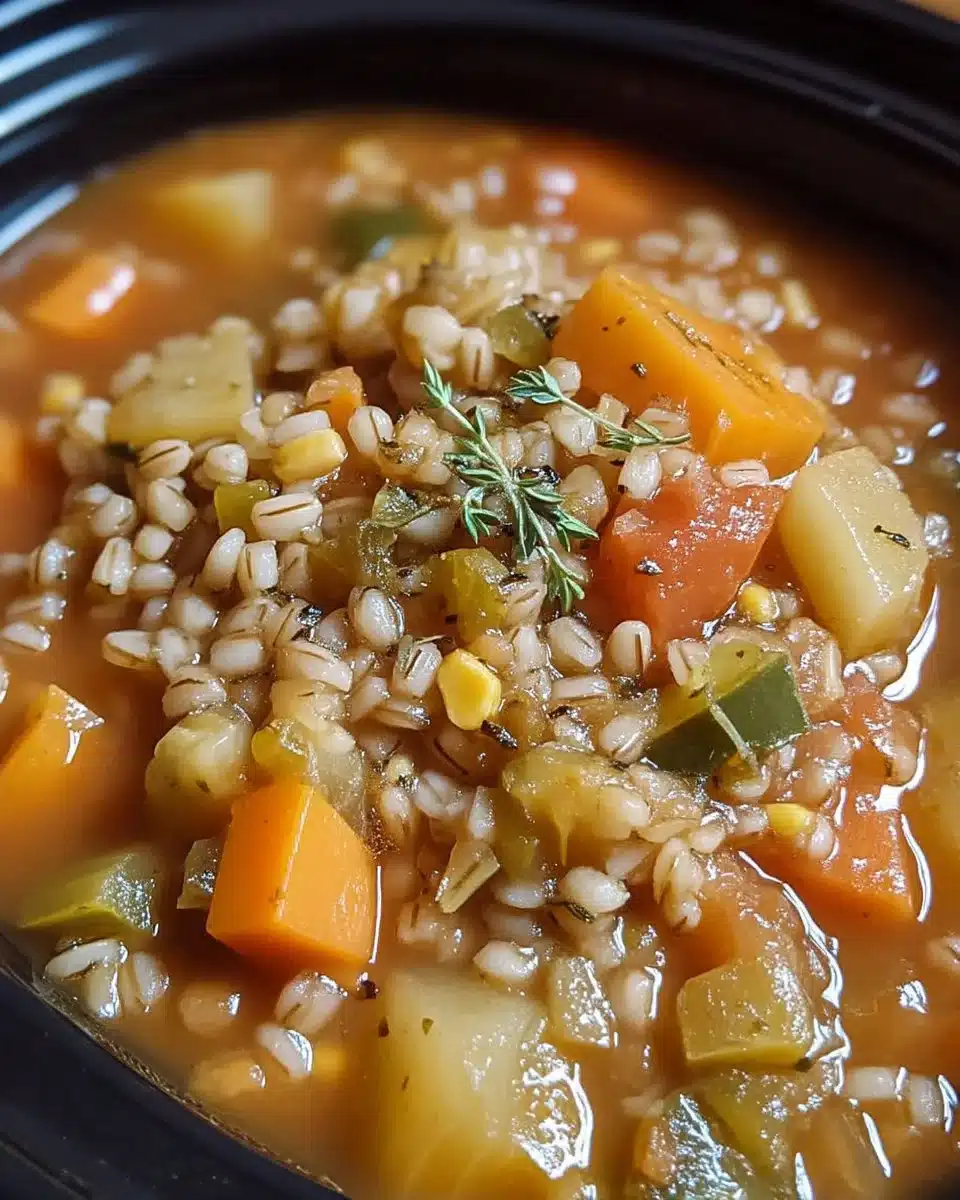Easy Crockpot Barley Vegetable Stew 1 Bowl of easy Crockpot Barley Vegetable Stew with fresh vegetables and herbs
