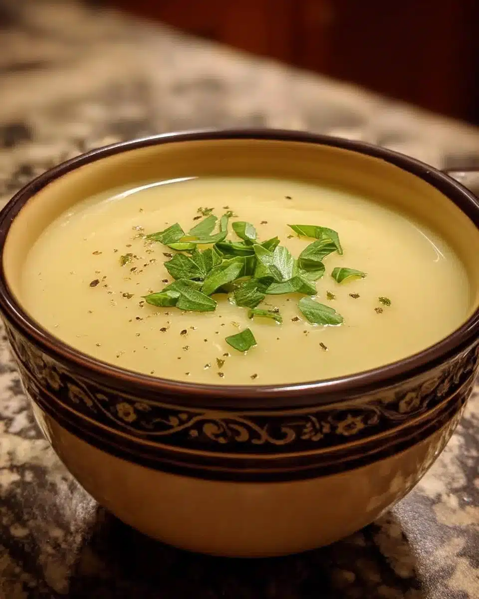 Easy Crockpot Creamy Potato & Leek Soup 1 Bowl of creamy potato leek soup served with fresh herbs and bread