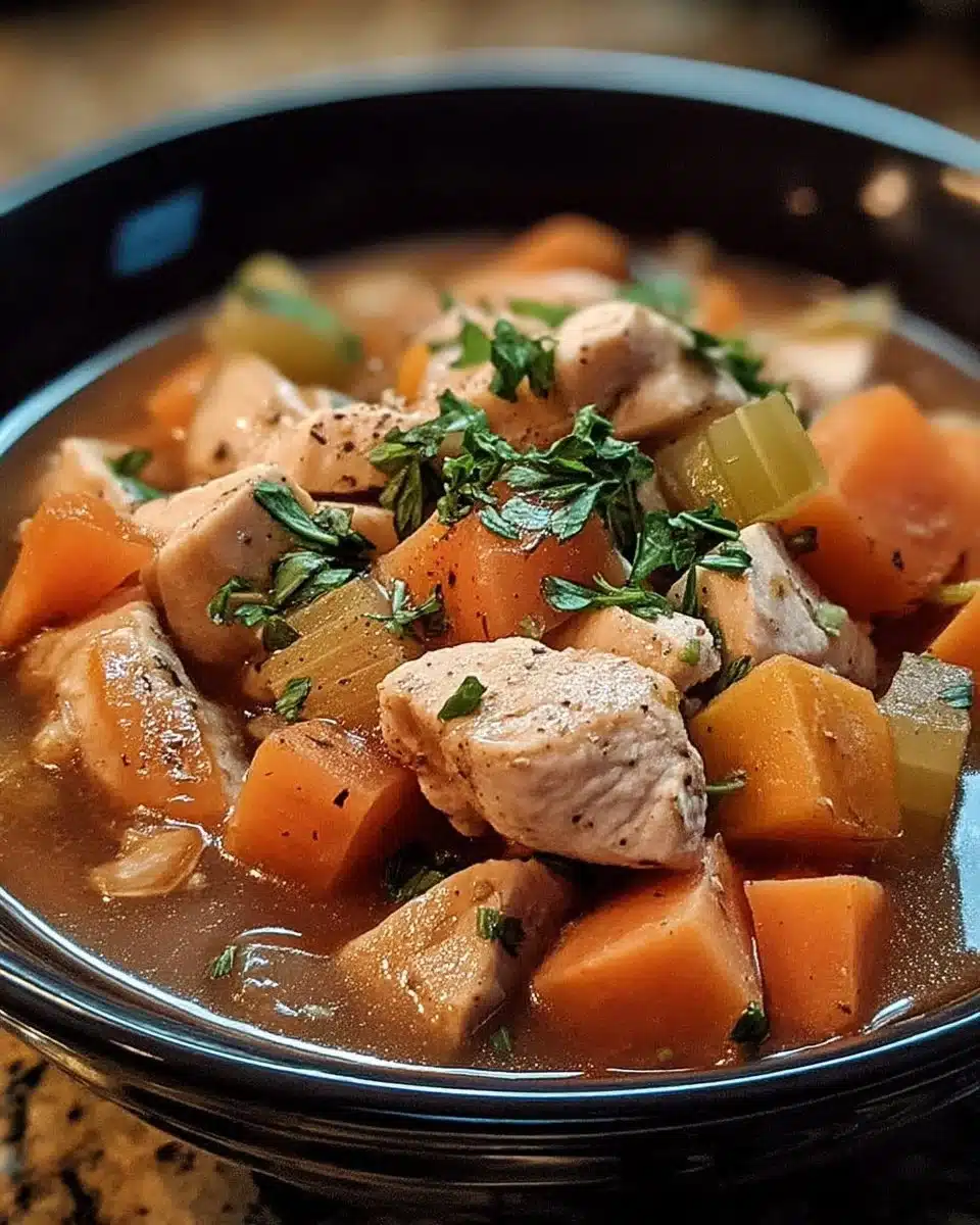 Easy Slow Cooker Turkey & Root Vegetable Stew 1 Bowl of easy slow cooker turkey stew with root vegetables