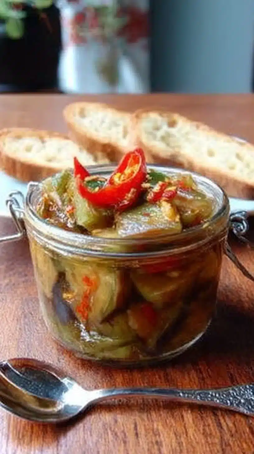 Eggplant Pickle 1 Jar of homemade eggplant pickle with vibrant spices and fresh ingredients