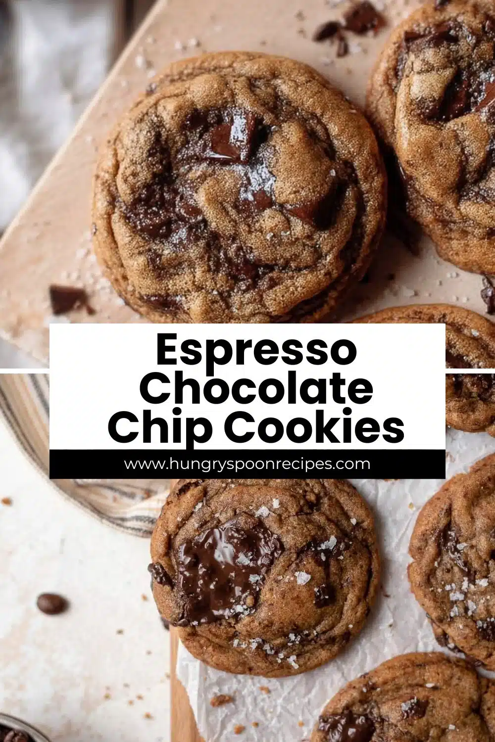 Freshly baked Espresso Chocolate Chip Cookies on a cooling rack.