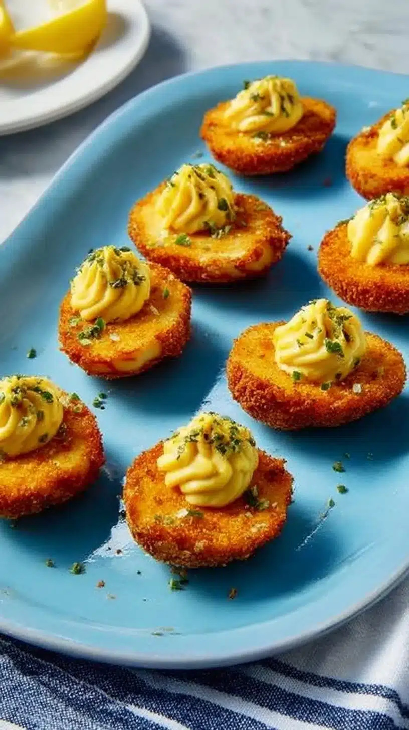 Fried Deviled Eggs Recipe 1 Plate of delicious Fried Deviled Eggs garnished with herbs