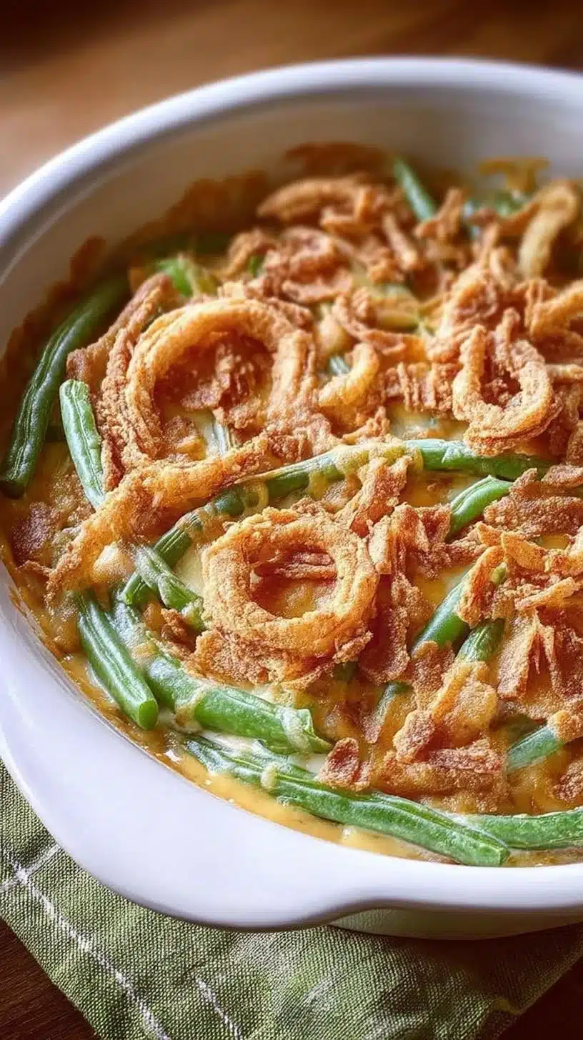 Green Bean Casserole 1 Delicious Green Bean Casserole topped with crispy onions