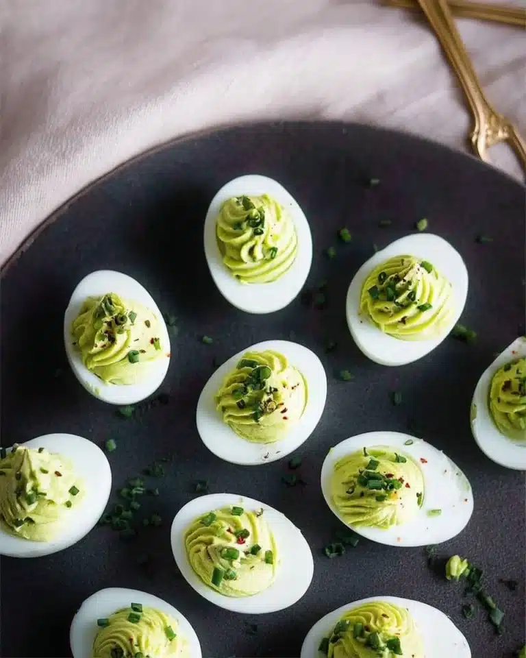 Green Goddess deviled eggs topped with herbs and spices