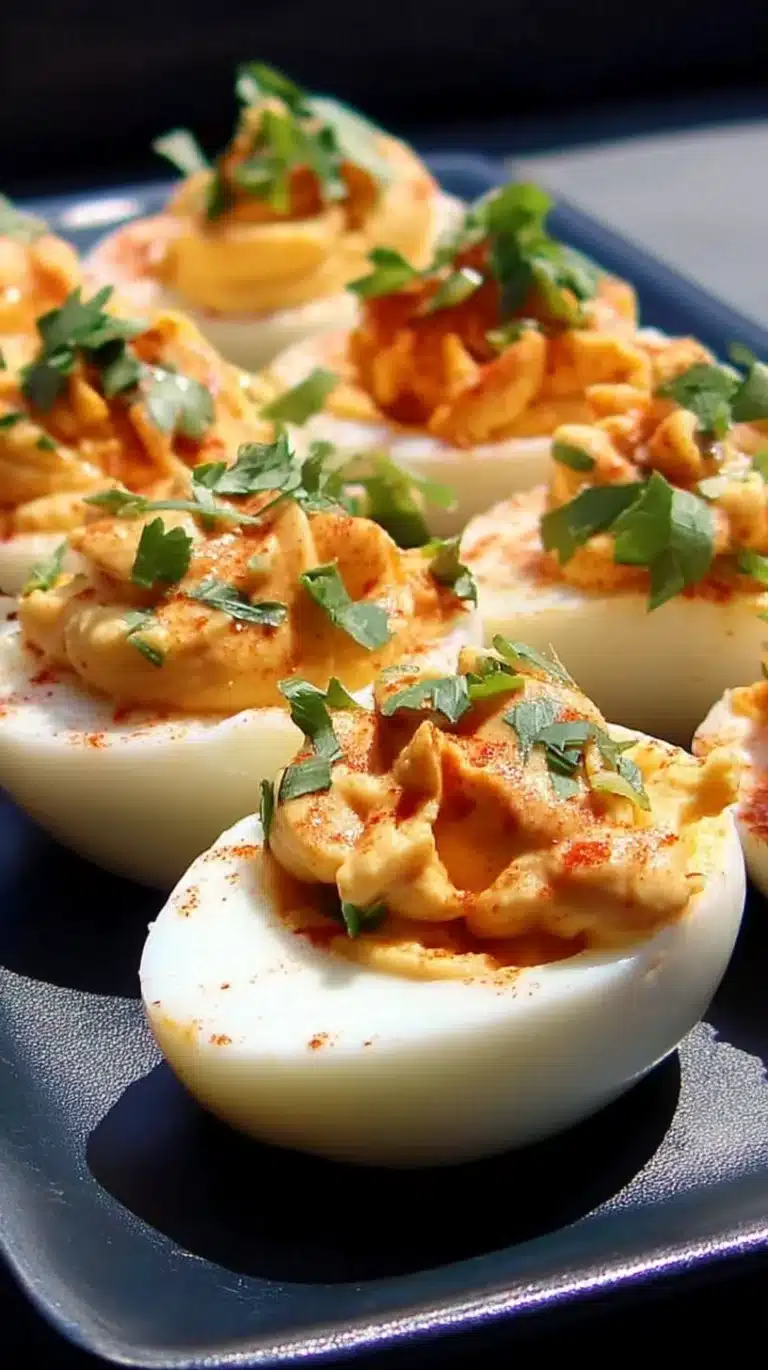 Delicious Harissa Deviled Eggs garnished with herbs on a serving platter
