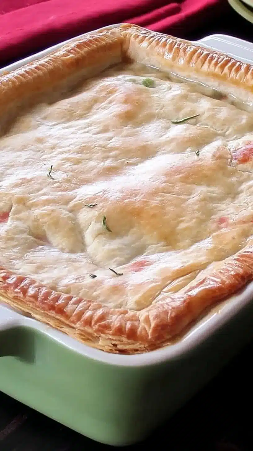 Healthier Chicken Pot Pie 1 Healthier chicken pot pie with vegetables and a flaky crust