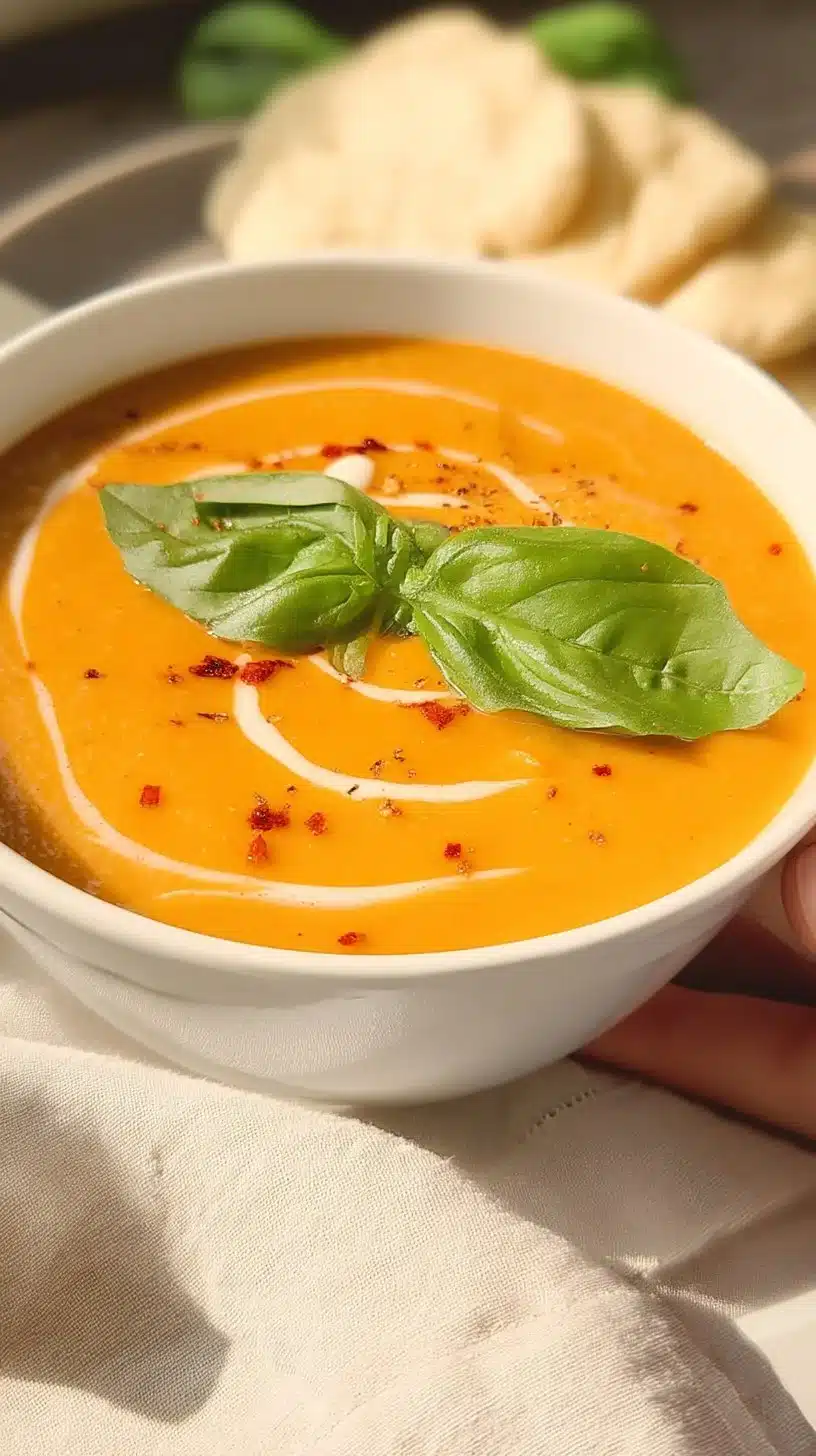 Bowl of healthy sweet potato soup garnished with herbs