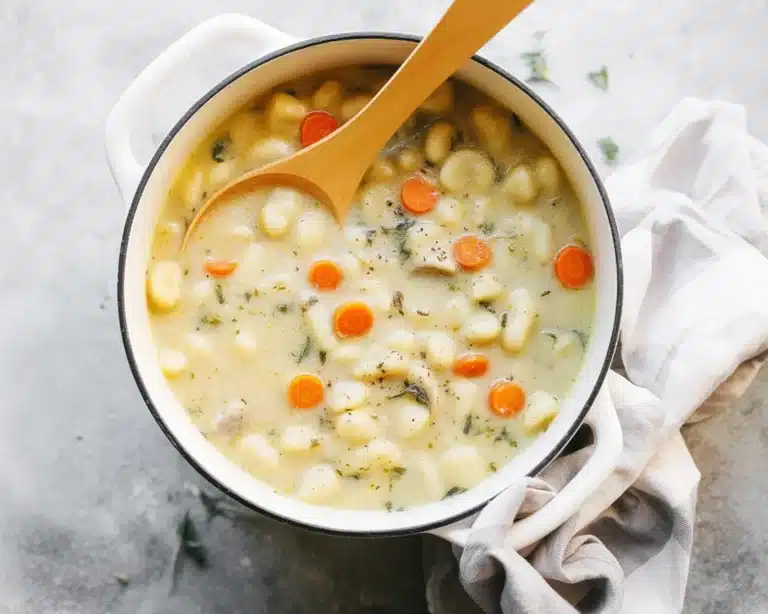 Bowl of Keto Chicken & Gnocchi Soup with creamy cauliflower gnocchi and vegetables