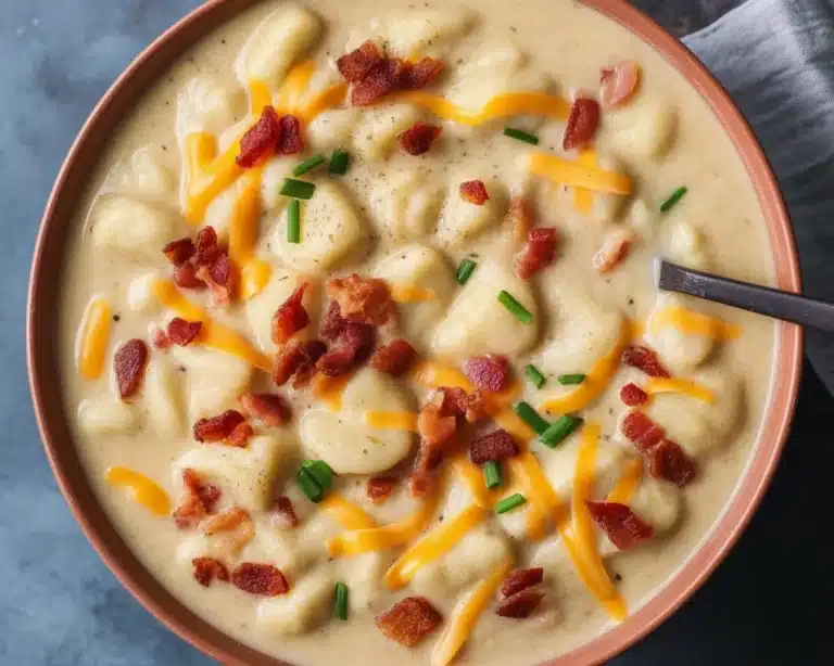A comforting bowl of Loaded Potato Gnocchi Soup topped with crispy bacon and cheddar.