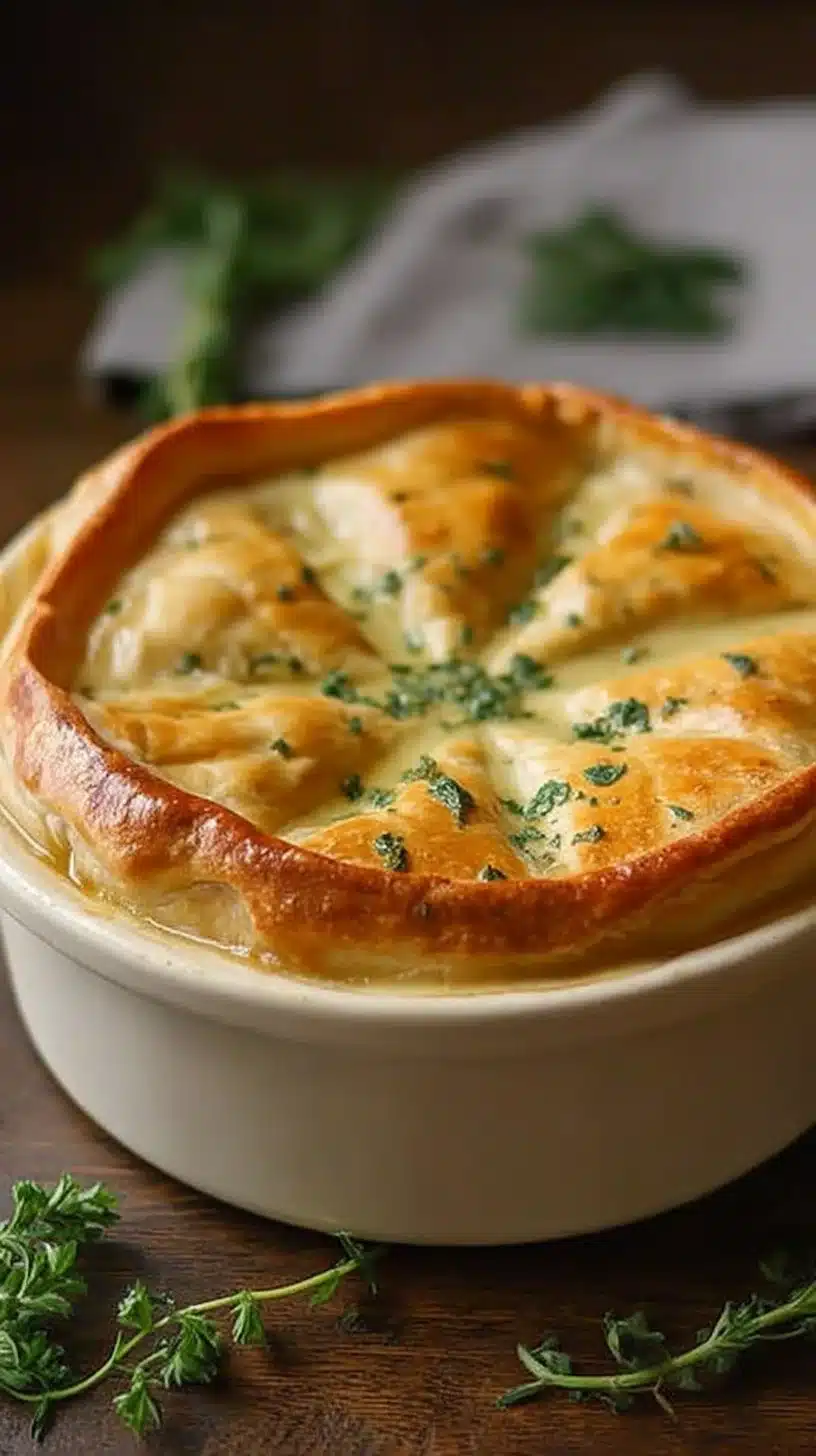 Herbed Chicken Pot Pie 1 A delicious serving of herbed chicken pot pie with a golden flaky crust