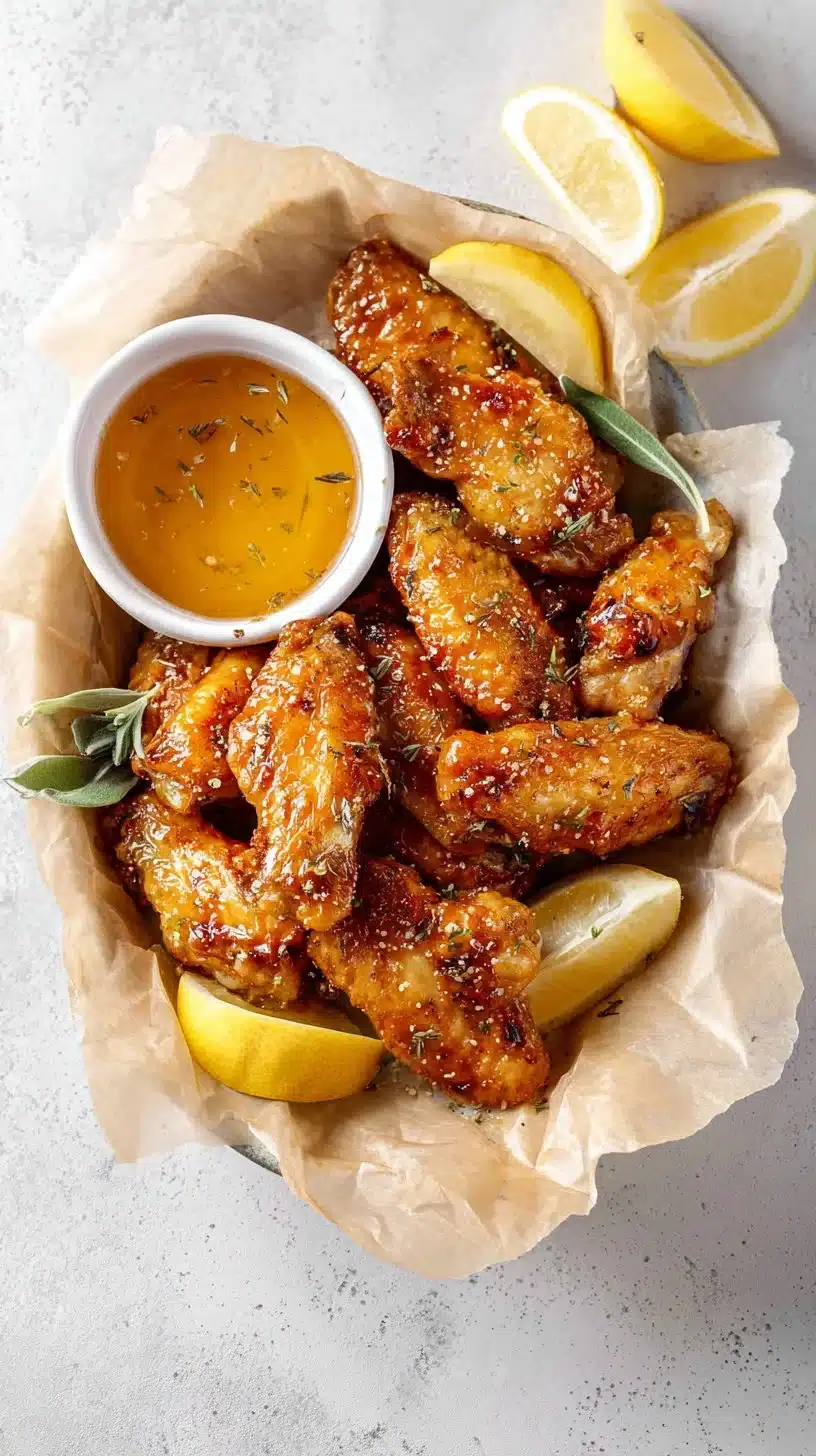 Honey Lemon Pepper Wings 1 Delicious Honey Lemon Pepper Wings garnished with fresh herbs.
