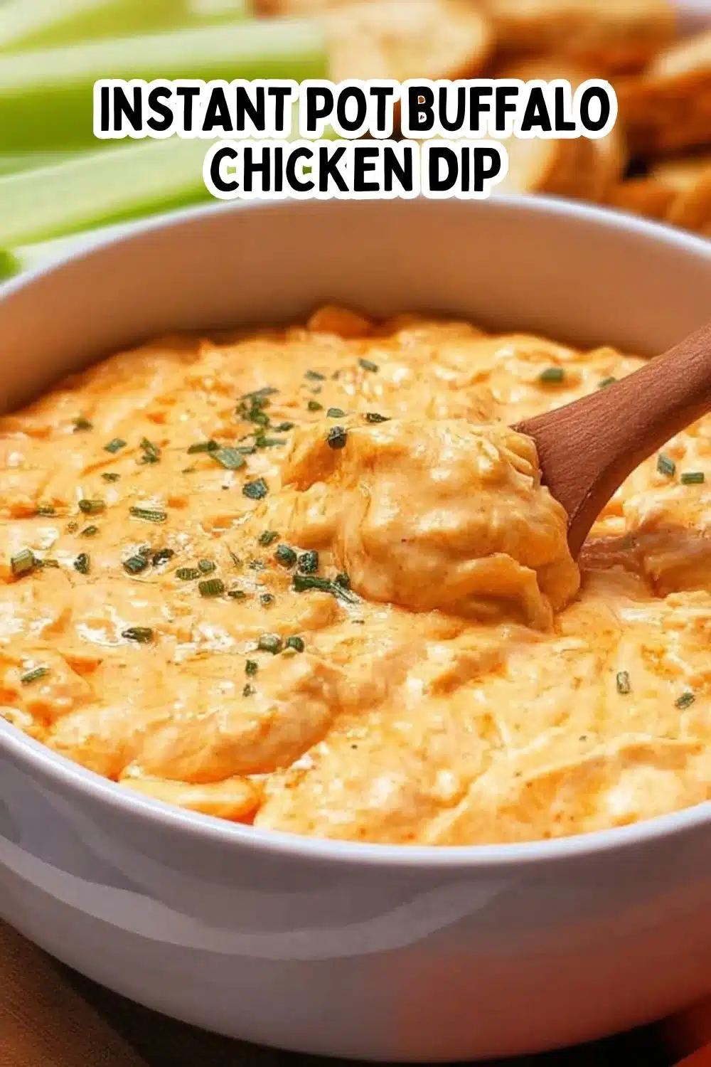 Instant Pot Buffalo Chicken Dip 1 Creamy Instant Pot Buffalo Chicken Dip in a serving bowl with chips