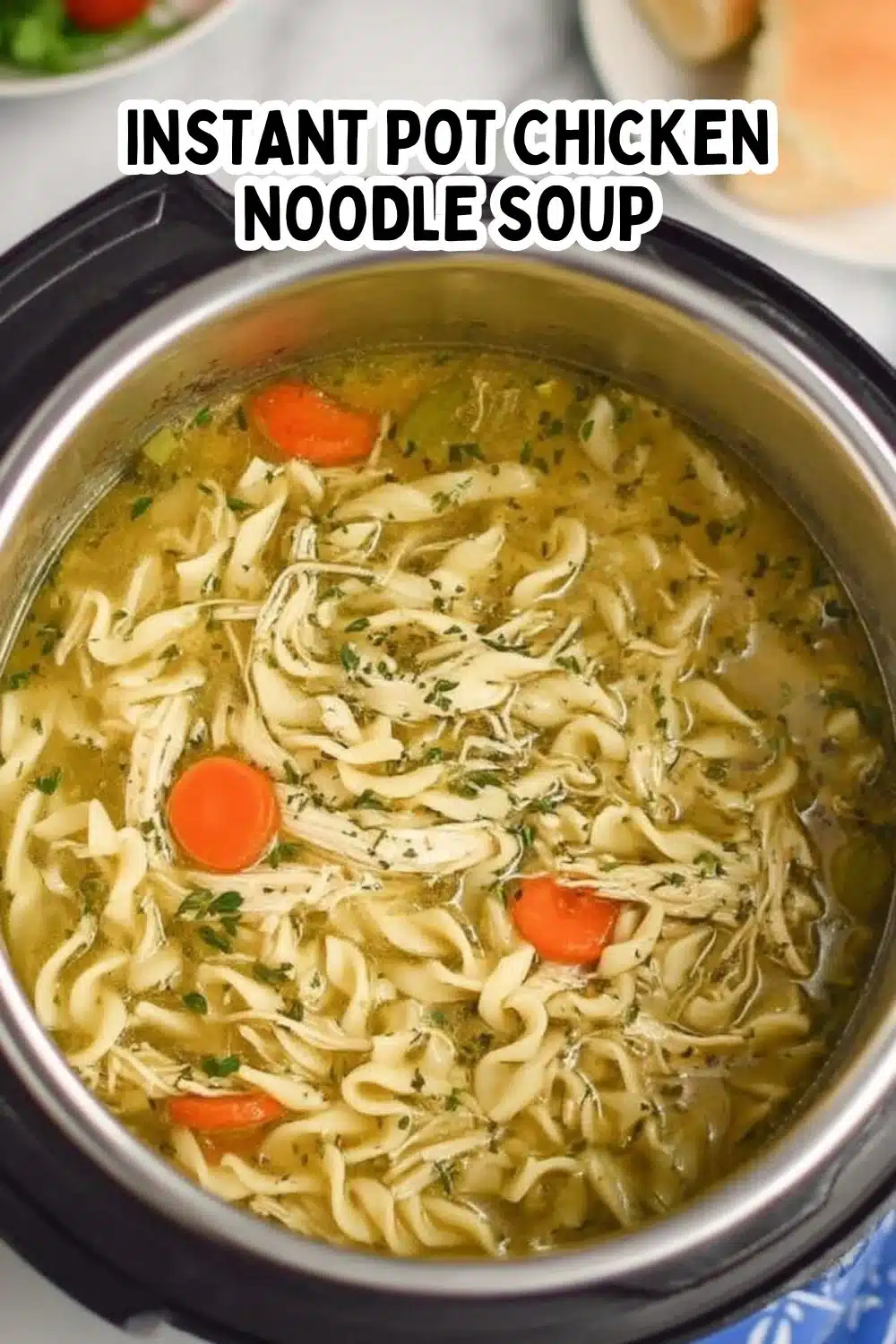 Bowl of Instant Pot chicken noodle soup with carrots and herbs