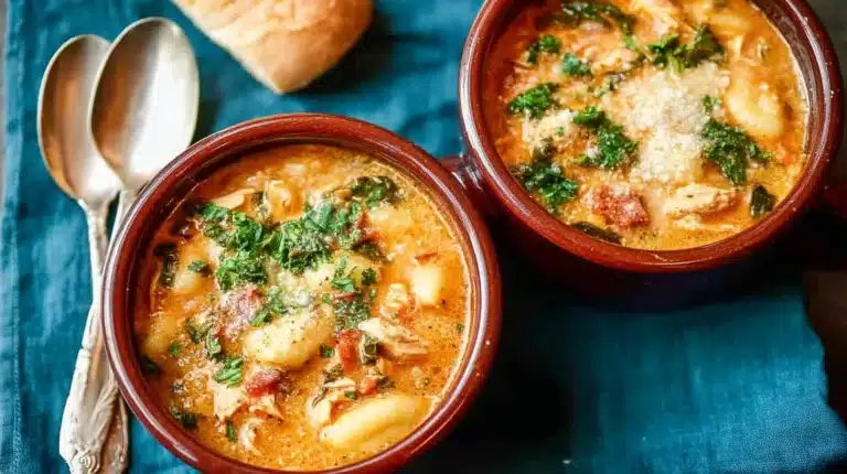 Bowl of Italian Chicken Gnocchi Soup with herbs and vegetables