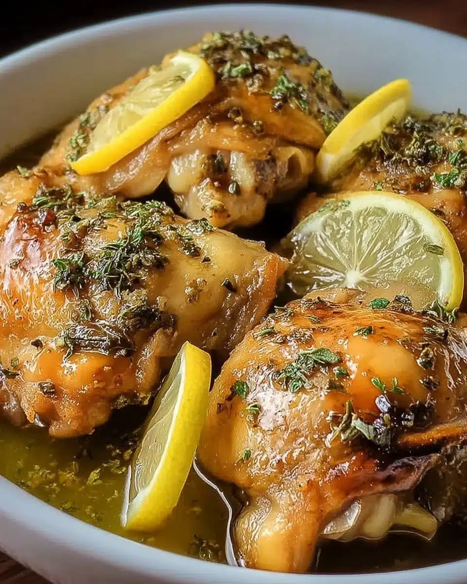 Juicy Slow Cooker Lemon Pepper Chicken Thighs 1 Slow cooker lemon pepper chicken thighs served with herbs and lemon slices
