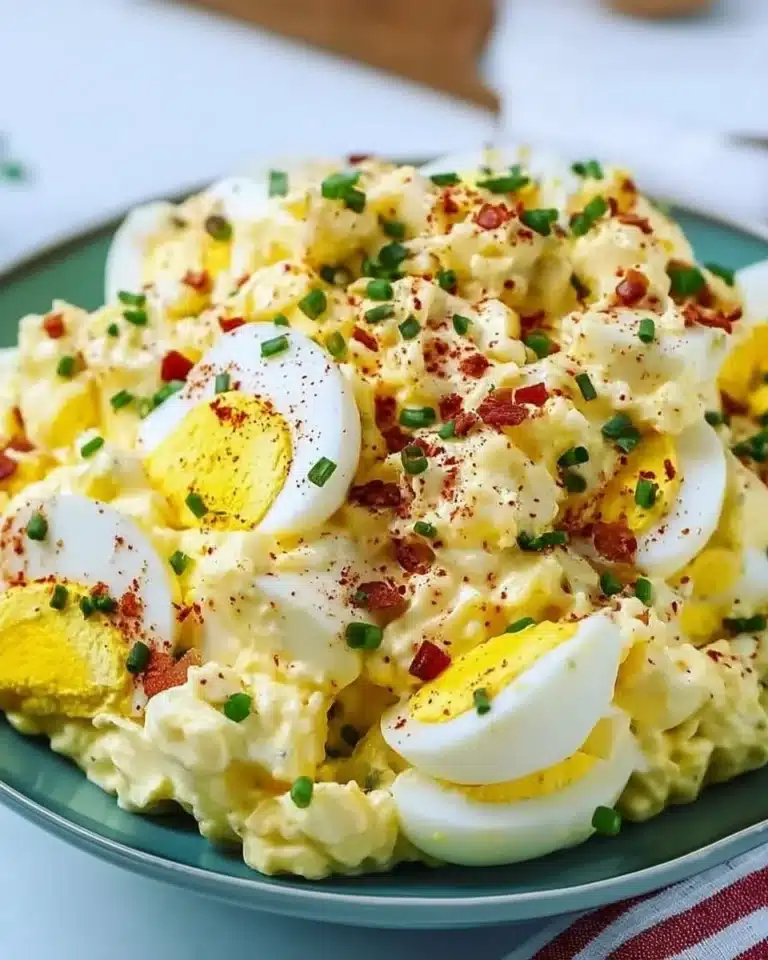 Keto Deviled Egg Salad in a bowl, garnished with herbs.