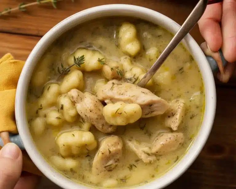 A bowl of creamy Lemon Chicken Gnocchi Soup with chicken, gnocchi, and fresh herbs.