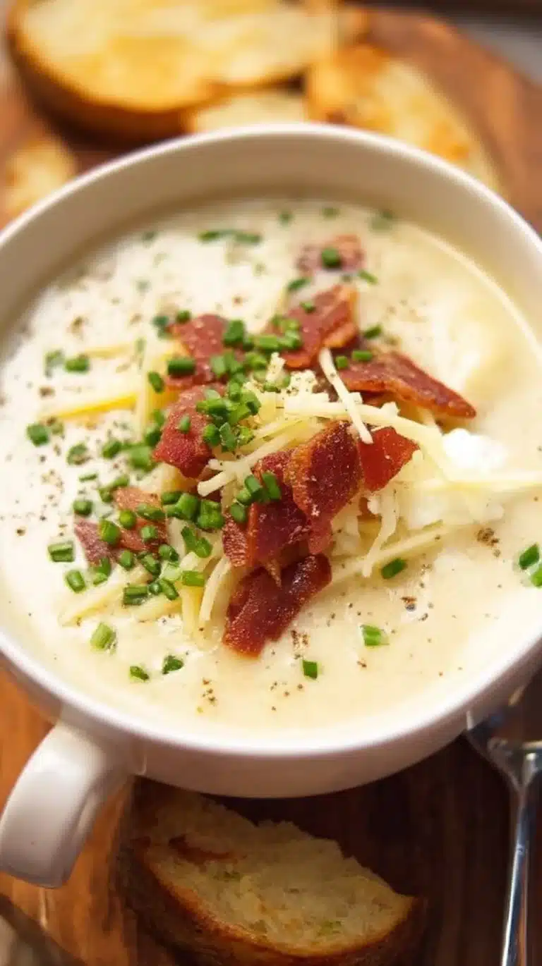 Delicious bowl of loaded baked potato soup garnished with cheese and bacon
