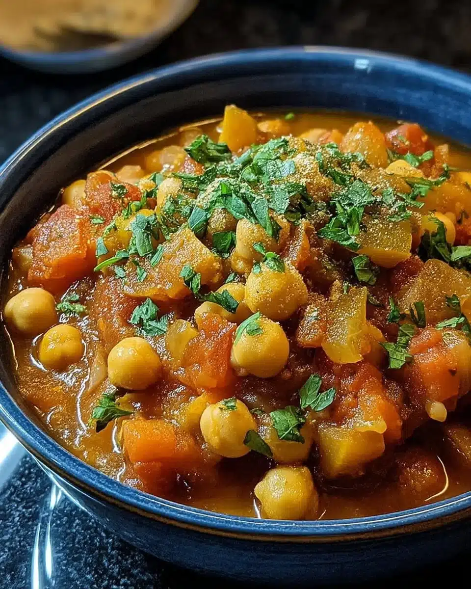 Moroccan Chickpea Stew 1 A bowl of Moroccan chickpea stew garnished with fresh herbs and spices.