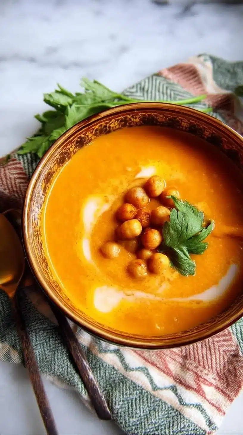 Moroccan Sweet Potato Soup 1 Bowl of Moroccan sweet potato soup garnished with herbs and spices