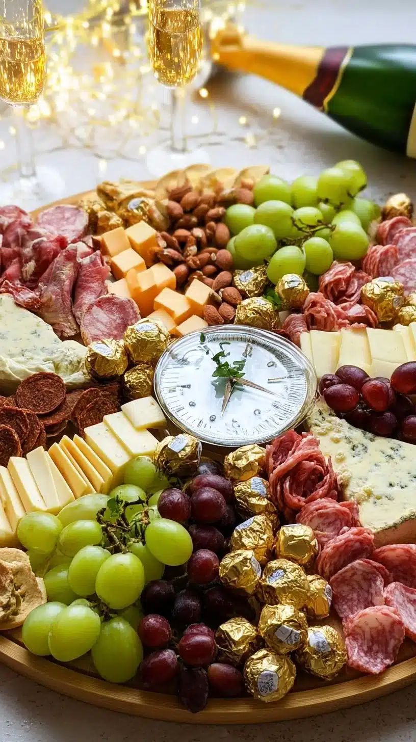 New Year’s Eve Charcuterie Board 1 Delicious New Year's Eve charcuterie board with cheese, meats, and festive decor.
