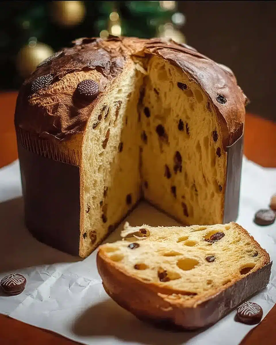 Panettone 1 Traditional Panettone with dried fruits, a festive Italian bread, on a wooden table.