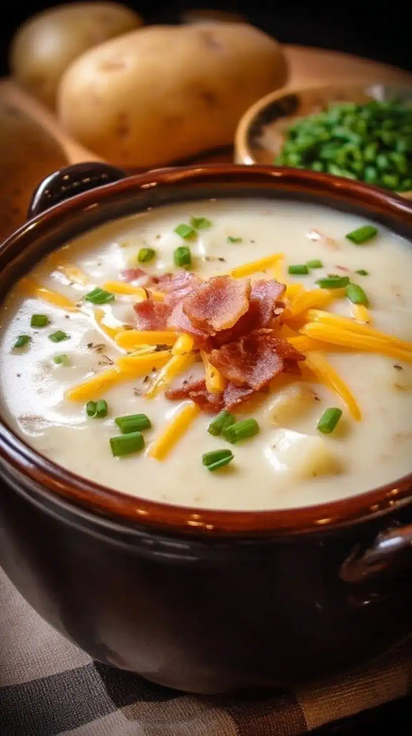 Bowl of Paula Deen's Crockpot Potato Soup topped with green onions