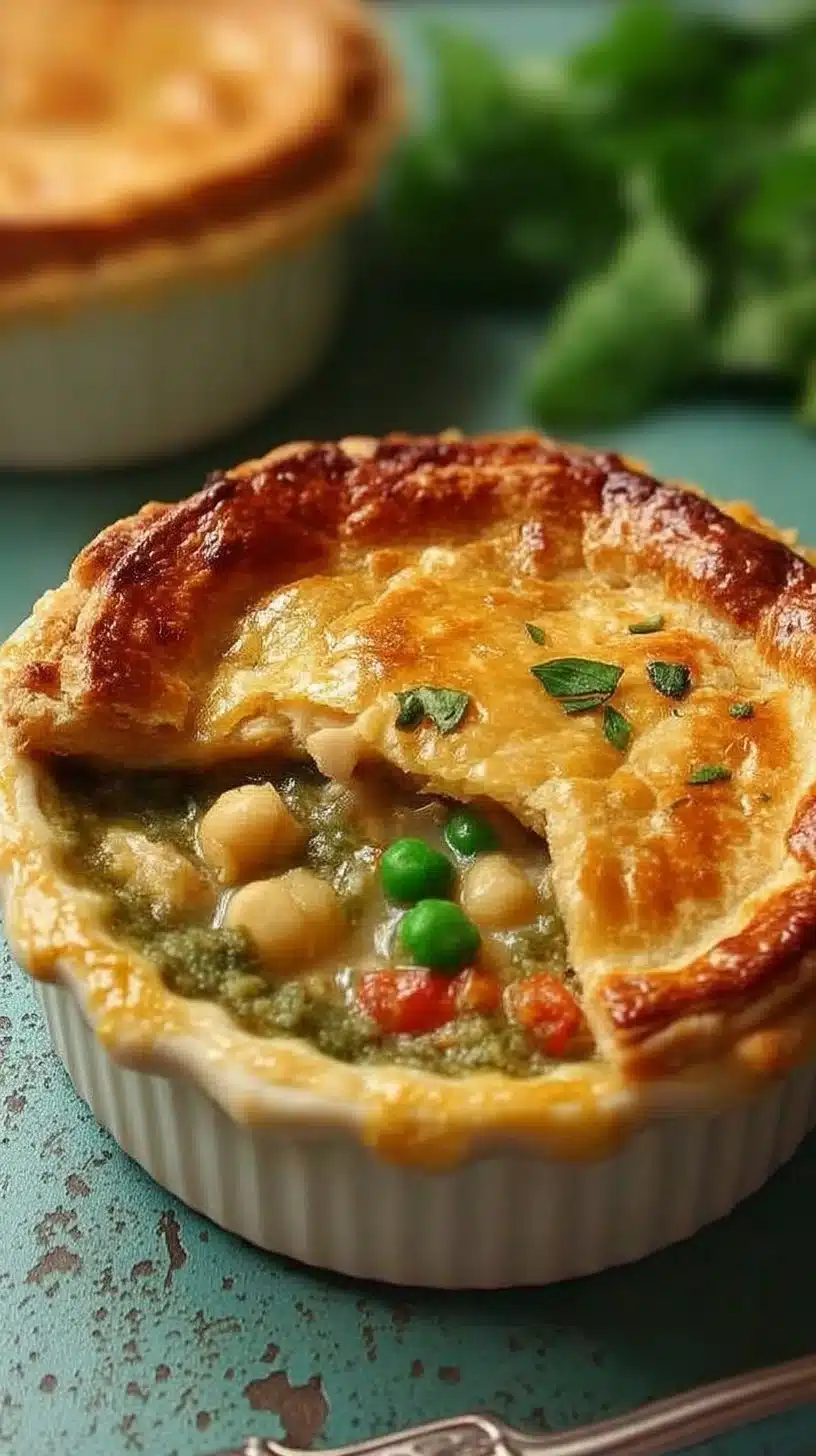 Pesto Chicken Pot Pie 1 Delicious Pesto Chicken Pot Pie with tender chicken and flaky pastry crust.