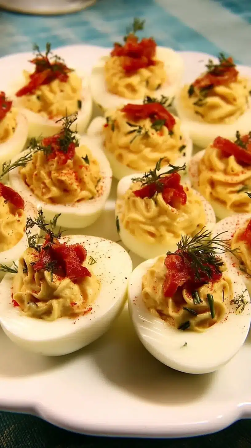 Pimento cheese deviled eggs topped with paprika and chives on a platter