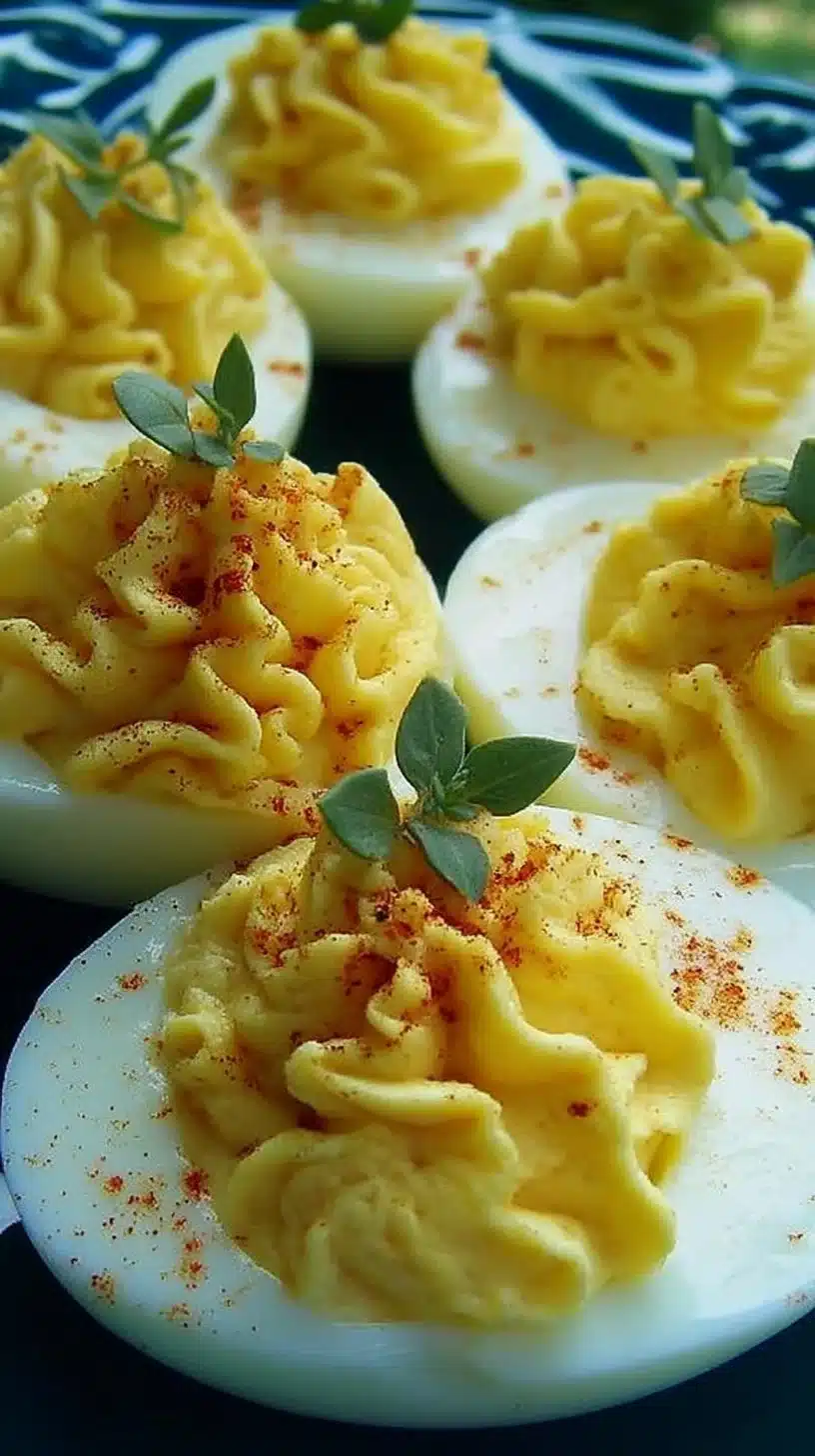 Potato Salad Deviled Eggs 1 Delicious Potato Salad Deviled Eggs garnished and served on a platter