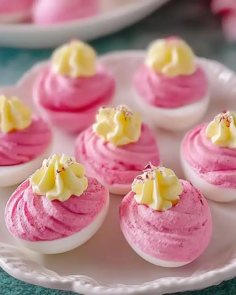 Pretty Pink Deviled Eggs garnished for a colorful presentation.