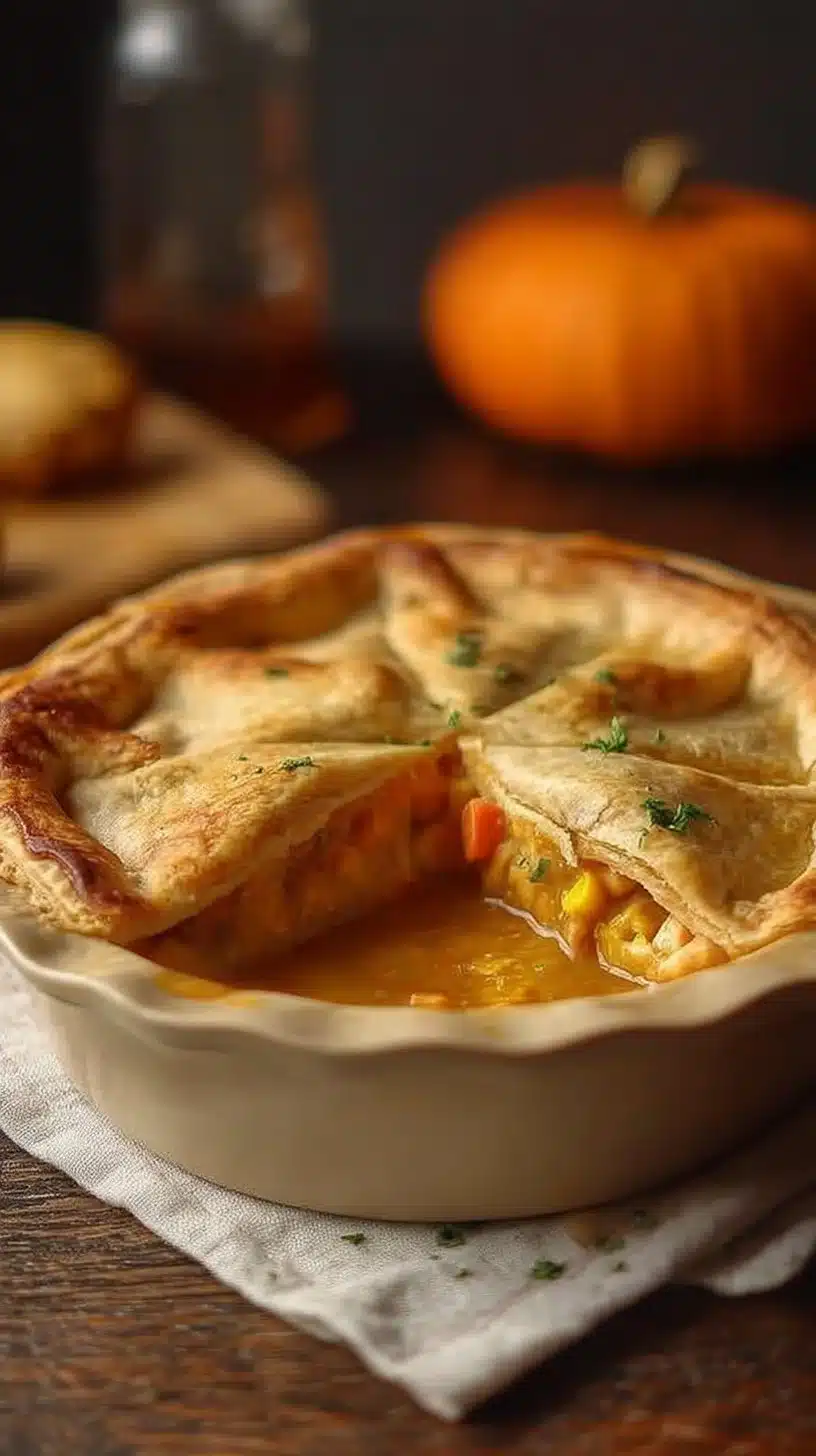 Pumpkin Chicken Pot Pie 1 Delicious Pumpkin Chicken Pot Pie topped with golden crust and filled with savory ingredients.