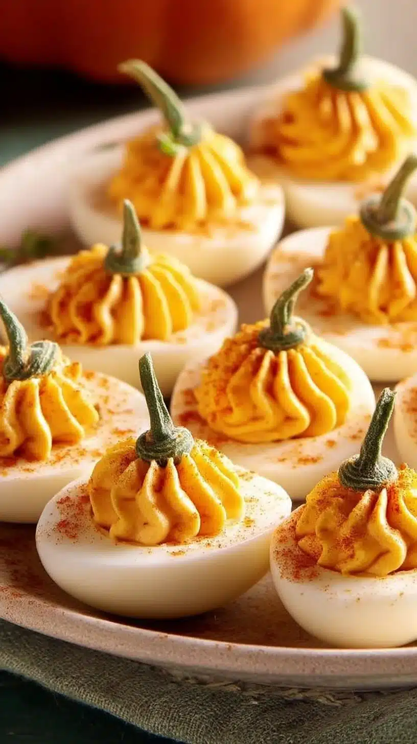 Pumpkin Patch Deviled Eggs garnished with herbs for a fall-themed appetizer.