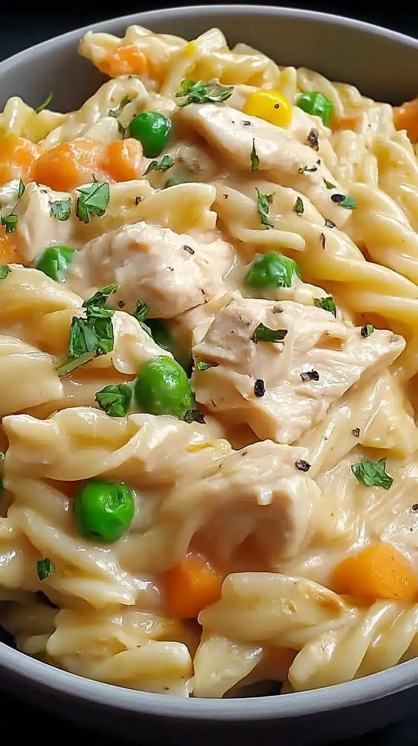 Quick chicken pot pie pasta served in a bowl with fresh herbs