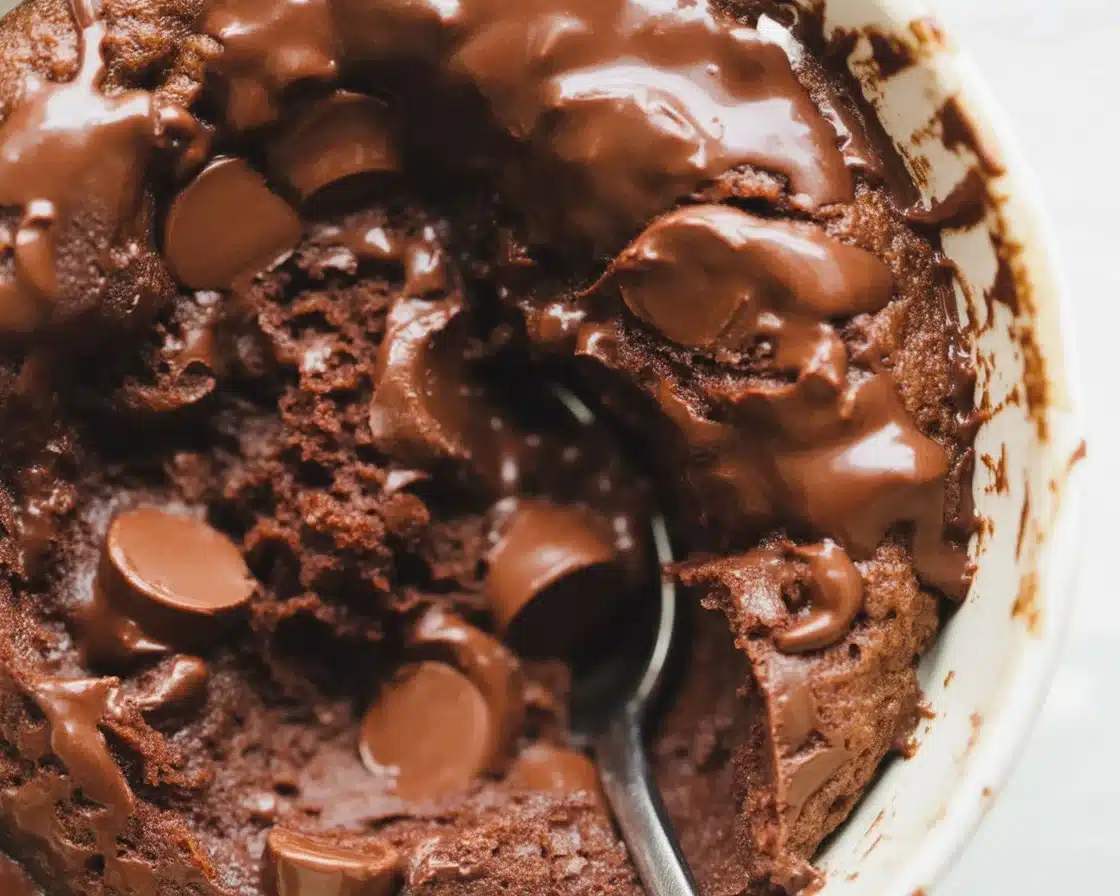 Delicious low carb keto mug cake topped with chocolate sprinkles in a mug.