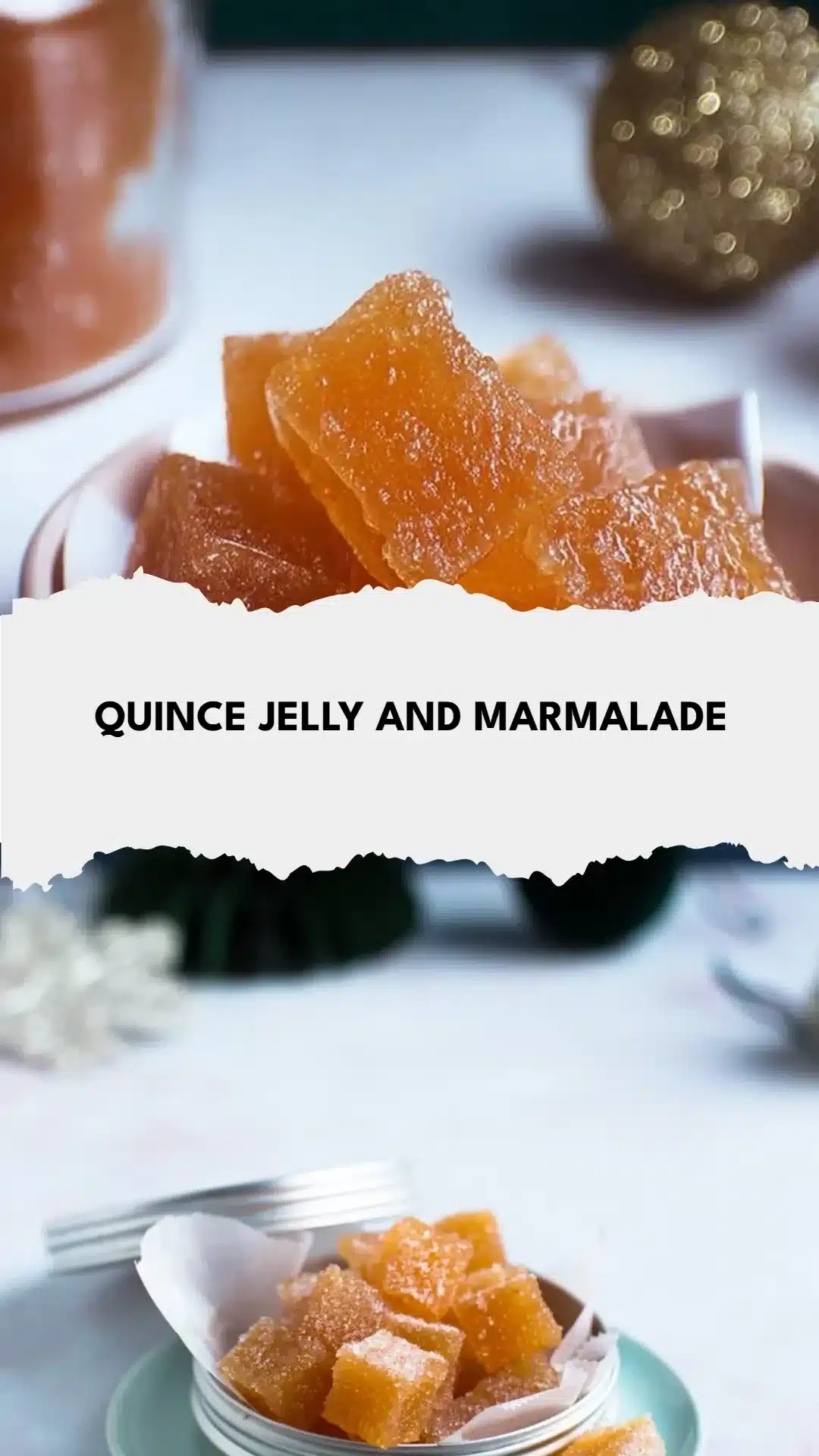 Quince Jelly and Marmalade 1 Homemade Quince Jelly and Marmalade in jars on a kitchen counter