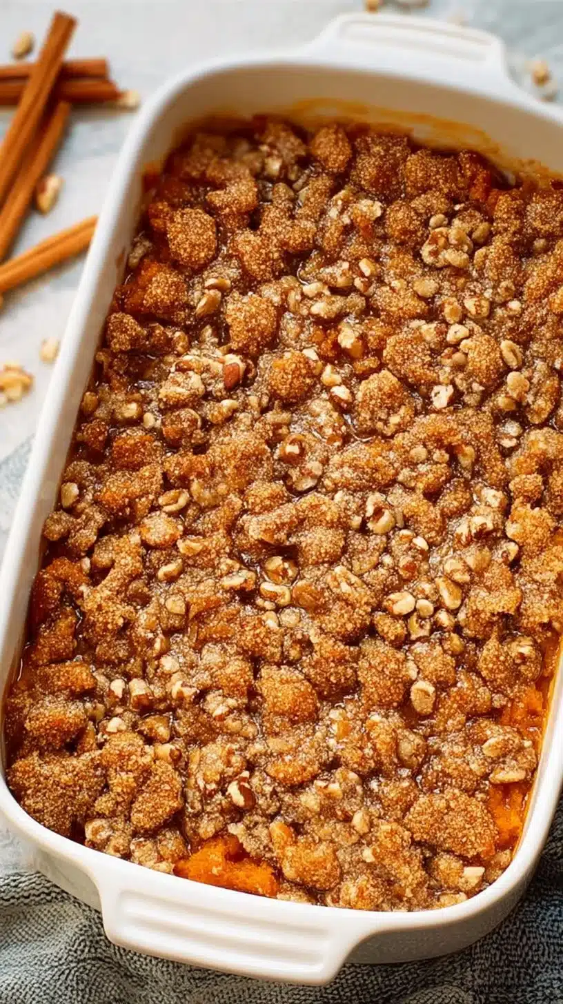 Delicious Ruth's Chris sweet potato casserole topped with marshmallows.