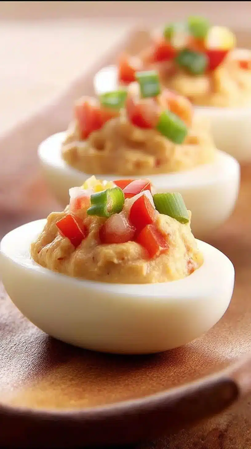 Salsa Deviled Eggs Recipe 1 Salsa deviled eggs with a zesty topping and garnished with cilantro.