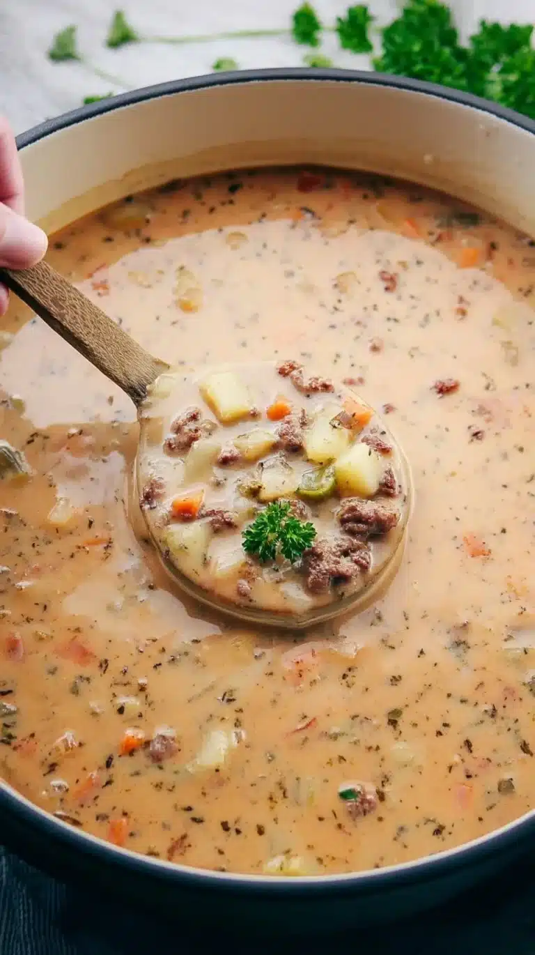 Bowl of delicious Sausage Potato Soup garnished with fresh herbs